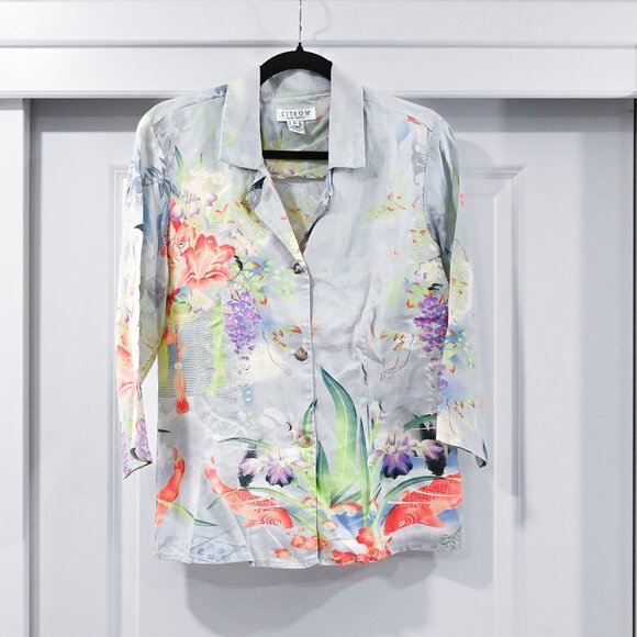 Citron Santa Monica Small 100% Linen Button Down Print Shirt - Picture 1 of 13